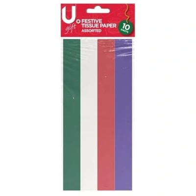 Image of U. Tissue Paper 50x72cm Sheets, Assorted Festive Xmas Colours Green Red Purple White Sheets Pack of 10