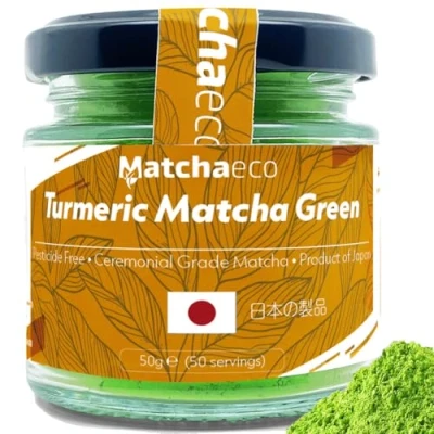 Image of Matchaeco 50g Japanese Turmeric Matcha Green Tea Powder Flavoured Stone Ground Ceremonial Grade From Japan Pesticide Free Recyclable Jar Vegan Gift latte (50g, Matcha)