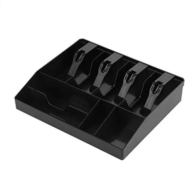 Image of Hilitand 4 Bills &amp; Coins Tray Compartments Money Storage Box Register Cash Drawer Plastic (Black)