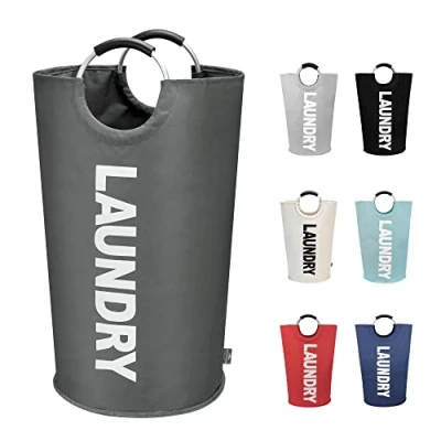 Image of DOKEHOM 90L Large Laundry Basket, Collapsible Bag, Freestanding Tall Clothes Hamper, Foldable Washing Bin (Dark Grey)