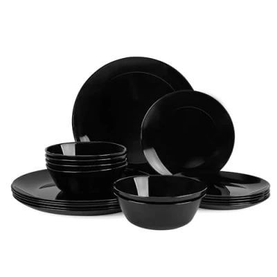 Image of LaGlint Dinnerware Sets for 6, 18 Pieces Opal Glass Plates and Bowls Set, Dishwasher Microwave Safe Dish Dinning Ware Chip Scratch Resistant Dishware Black