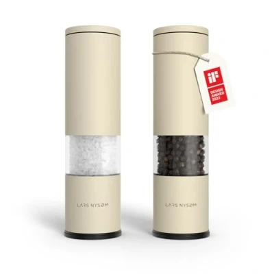 Image of LARS NYSØM Salt and Pepper Mills Set Stainless Steel with Adjustable Ceramic Grinder 2 Pieces I Design Spice Manual (Almond Beige)