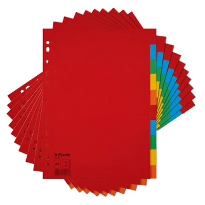 Image of Esselte 10 Packs A4 Card File Dividers, Parts Coloured Folder Dividers for Ring Binders and Lever Arch Files, Made from durable, Eco Friendly Recycled