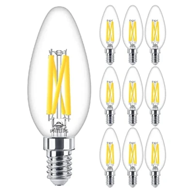 Image of Philips 10 Pack LED Clear Filament Candle DimTone Lamp 3.4W (40W) E14 SES Small Edison Screw 2200k to 2700k 470 Lumen 15000 Hours 90+ CRI