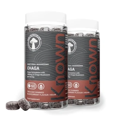 Image of Known Delicious Chaga Gummies 1000mg Mushroom, Vitamin D, E Immune Support Natural Blackcurrant Flavour 60 Vegan Gummies, 2 Month Supply