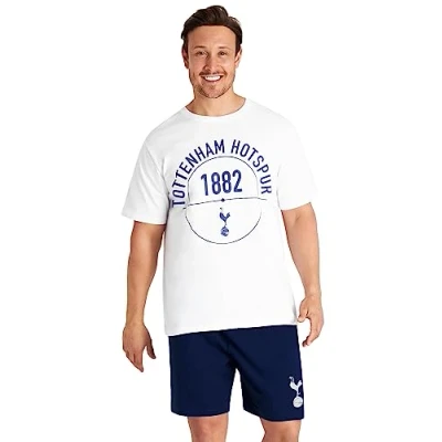 Image of Tottenham Hotspur F.C. Mens Short Pyjamas Set, Cotton Lounge Wear Spurs Gifts (White/Blue, S)
