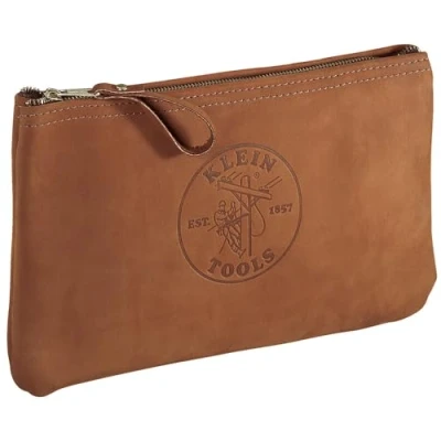 Image of Klein Tools 5139L Zipper Bag, Top Grain Leather Tool Pouch with Strong Close, 12 1/2 Inch, Brown