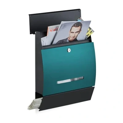 Image of Relaxdays Design Letterbox with Newspaper Slot, Powdercoated, HxWxD: 45 x 35 11 cm, Wall Mount Mailbox, Black Green