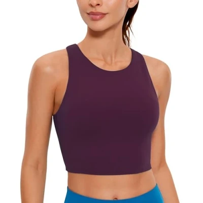 Image of CRZ YOGA Women&#039;s Butterluxe Racer Back Padded Sports Bra High Neck Longline Crop Top Gym Workout Tank Tops with Built in Deep Purple 8