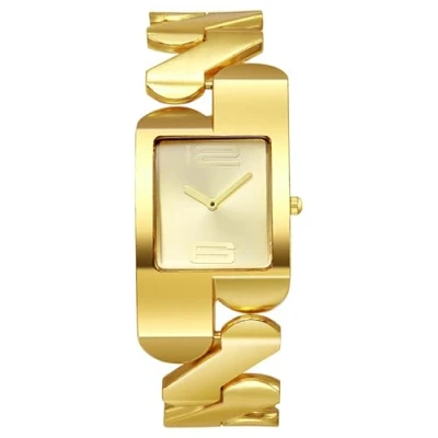 Image of JewelryWe Men Square Quartz Watch: Gold Rectangle Analog Geometric Strap Sunray Dial Casual Elegant Wrist Watch
