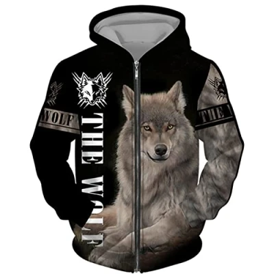Image of DUDSOG Men Viking Wolf 3D Printed Hoodies Hip Hop Casual Full Zip Hooded Sweatshirt Jacket Tops