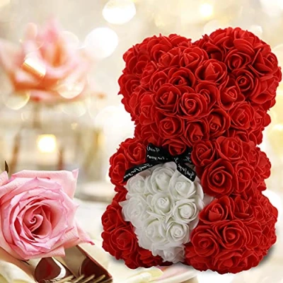 Image of Gifts for Women，Birthday ，Rose Flower Bear Hand Made Rose Teddy Bear,Best Artificial Decoration mom, Girls,Unique Gifts,The Perfect Party Clear Gift Box (Red)