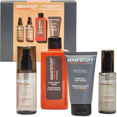 Image of Man Stuff Total Intense Kit Toiletry Set Vegan &amp; Cruelty Free Mens Grooming Exfoliating Face Scrub, Moisturising Gel, Cleansing Hair Body Wash Ideal Gift for Him