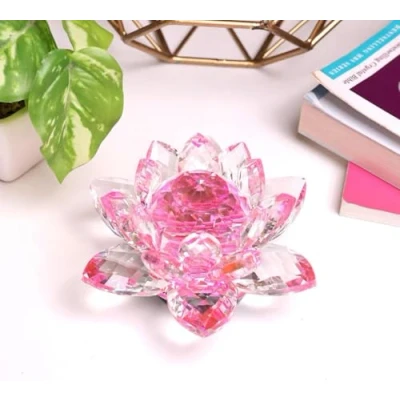 Image of SHABJY Crystal Lotus Flower Figurine, 13cm Pink Rotating Glass Kamal Flower, with Gift Box