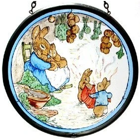 Image of Decorative Hand Painted Stained Glass Window Sun Catcher/Roundel in Beatrix Potter&#039;s Mrs Rabbit with Flopsy Bunnies and Peter their Burrow