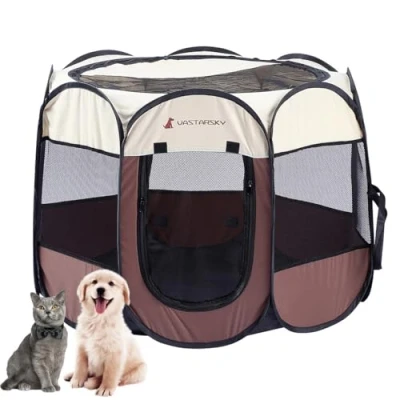 Image of Foldable Portable Pet Playpen, Soft Pop up Playpens for Puppy Dog Kitten Cat, Lightweight Fabric Playpen with Breathable Mesh, Cage Indoor and Outdoor Use (29 x 29 17 in, Coffee)