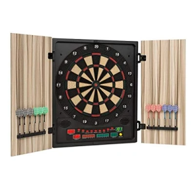 Image of OneConcept Dartmaster 180 Electronic Dartboard, Dart Board Set, Light, Automatic LED, 12 Darts, Up to 8 Players, Virtual Rival, 2 Doors, 150 Game Modes, Plastic Tip, Beige