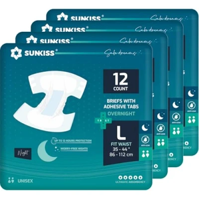 Image of SUNKISS TrustPlus Overnight Adult Diapers with Ultimate Absorbency, Unisex Incontinence Briefs Tabs for Men and Women, Odor Control, Large, 48 Count (4 Packs of 12)