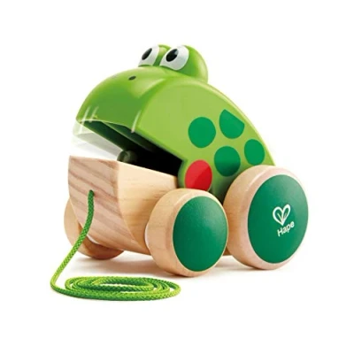Image of Hape Frog Pull Along Wooden Fly Eating Toddler Toy, Bright Colours