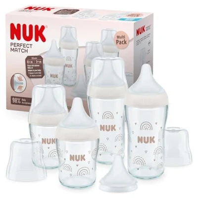 Image of NUK Perfect Match Glass Baby Bottles Set 6+ Months Adapts to Baby&#039;s Palate Temperature Control 4 x Anti Colic &amp; Extra Silicone Teat 120 ml 230 BPA Free Rainbow 5 Count