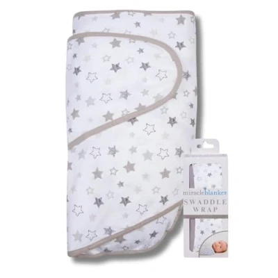 Image of Miracle Blanket Baby Sleep Wearable Swaddle Wrap for Newborn Infant Boy or Girl 0 3 Months, Gray Stars