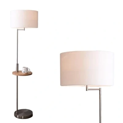 Image of Modern Standing Floor Lamp and Built in Tray Table with E27 Bulb Base On/Off Switch USB Charging Port, Satin Nickel Finish White Fabric Drum Shade