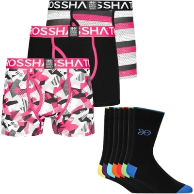 Image of Crosshatch Mens 3 Pack Boxers/7 Socks Gift Set Multipack Husband Dad Boyfriend, Fuchsia Crystaline, S