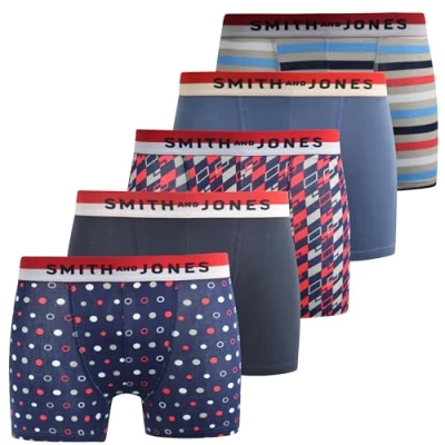 Image of SMITH &amp; JONES mens boxers multipack of 5, stretch cotton men’s boxer shorts, comfortable underpants for men, colourful and black underwear trunks, multi pack man briefs(S, Nellary)