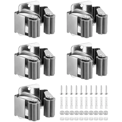 Image of QWORK® 5 Piece Mop Broom Holder, Holder Wall Mounted, Grab for Bathroom Kitchen Office Closet Garden Garage