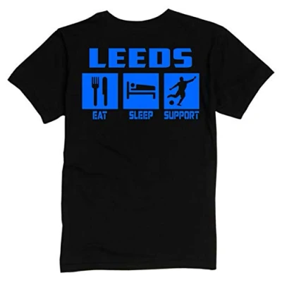 Image of FootballApparelGifts Leeds Eat Sleep Support Premium T Shirt Gift Mens (X Large) Black