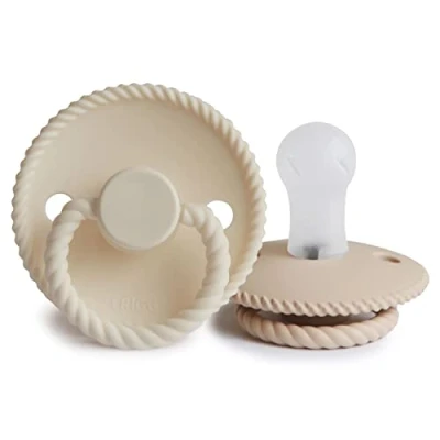 Image of FRIGG Rope Silicone Pacifier Pack of 2 Soother Dummy BPA Free Made in Denmark Symmetrical Cherry Shaped Nipple (Cream/Croissant (0 6 Months))