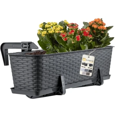 Image of KADAX Rattan like Planter, Plastic Hanging Box with Brackets, Drainage Holes and Saucer, Rectangular Long Plant Pot for Balcony, Railing (60 cm, Anthracite)