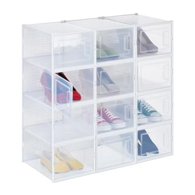 Image of Relaxdays Shoe Boxes 12 Pack, Footwear Organiser, Stackable, Plug in, up to Size 47, with Ventilation Slots, Transparent, 19.5 x 25 35 cm