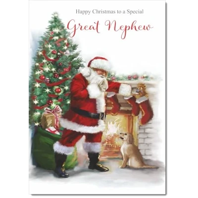 Image of doodlecards Great Nephew Christmas Card Santa by Tree Medium Size for with Plain Envelope