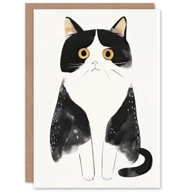 Image of Artery8 Greeting Card Tuxedo Cat Lover Cute Black White Pet Yellow Eyes Blank For Him Or Her Art Birthday