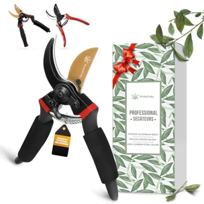 Image of NickyPicky Secateurs Heavy Duty Precise Pruning Power with Bypass Titanium, Shears Ergonomic Soft Handle, Easy Lock, &amp; High Carbon Steel Pruners for Gardening Garden Black