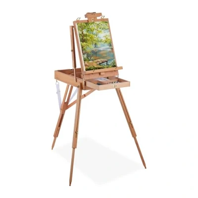 Image of Relaxdays Portable, Adults, Height &amp; Tilt Adjustable, Painting Case, XL Easel with Drawer, Wooden, Natural, Wood, 180 x 100 70 cm