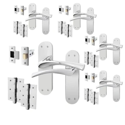 Image of EAI Chrome Door Handle Latch Set 5 Pair Polished Internal Handles on Backplate with 64mm &amp; Hinges 76mm Novoli Range