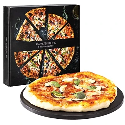 Image of Navaris Large Pizza Stone for Baking Glazed Round Cordierite Plate BBQ Grill Oven Serve Bread Cheese Incl. Recipe Book 30.5 cm