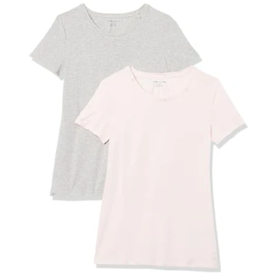 Image of Amazon Essentials Women&#039;s Classic Fit Short Sleeve Crewneck T Shirt, Pack of 2, Light Grey Heather/Light Pink, XL