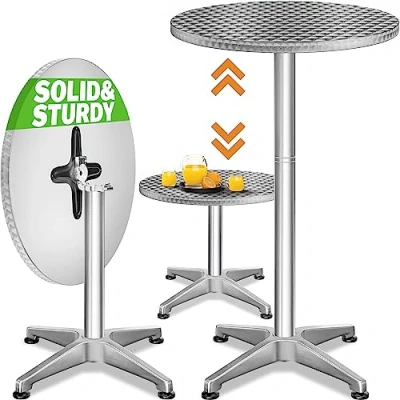 Image of CASARIA® Round Bar Table 60 cm Top Outdoor High Kitchen Dining Breakfast Bistro Stainless Steel Cocktail Drinks Tall Garden Patio Counter Folding Pub Home