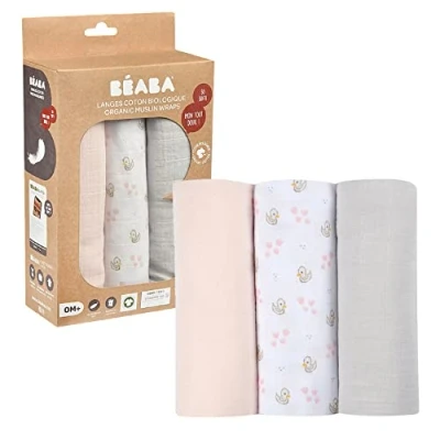 Image of BÉABA, Set of 3 Baby Swaddle Cloths, Organic Cotton Muslin, Multi Purpose: Blanket, Bib, Travel Comforter, Ultra Soft, Breathable, Large, 70x70, Eco Friendly and Safe, Swan Print