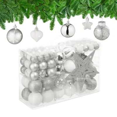 Image of Relaxdays Christmas Baubles Set of 101, Glittering, Tree Decorations, Spheres &amp; Spikes, Plastic, Traditional, Silver