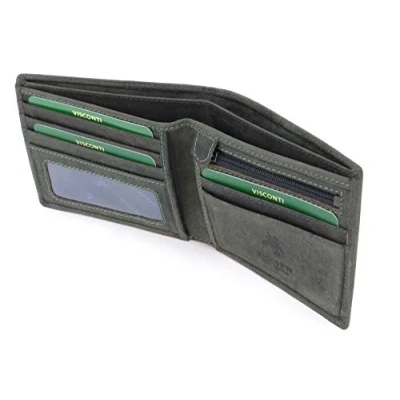 Image of VISCONTI Men&#039;s Small Bifold Leather Wallet RFID Protected 6 Credit Card Slots, Note Section &amp; Coin Pocket Gift Boxed 707 Shield Oil Green