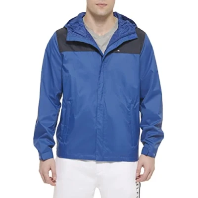 Image of Tommy Hilfiger Men&#039;s Legacy Lightweight Breathable Waterproof Hooded Rain Jacket Raincoat, Royal Blue/Navy Colorblock, S