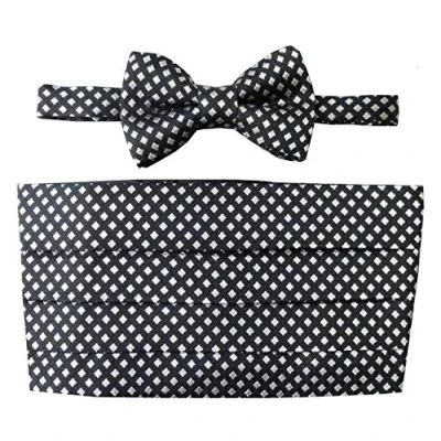 Image of Men&#039;s 100% Silk Black &amp; Silver Harlequin Check Cummerbund Set (Includes Bow Tie Pocket Square)