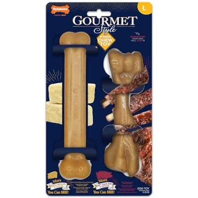 Image of Nylabone Maximum Strength Tough Gourmet Dog Chew Toys, Infused with Flavour Throughout, Twin Pack, 1 x Aged Cheddar Bone, Pork Back Ribs Femur, Large, for Dogs 0 23 kg