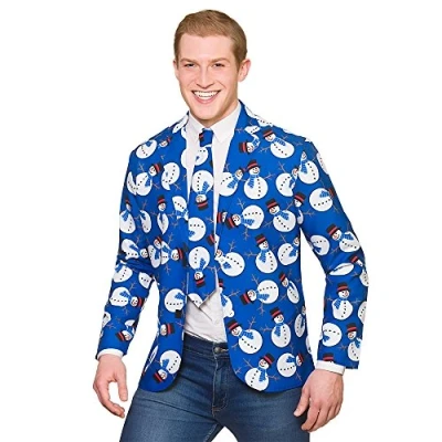 Image of Wicked Costumes Mens Snowman Christmas Jacket &amp; Tie Medium Blue