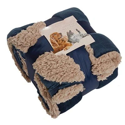 Image of Brentfords Dog Blankets Washable Large Sherpa Pet Blanket Soft Fluffy Warm Animal Cat Kitten Kennel Mat Throw Over Plush Fleece, Navy Blue 75 x 110cm
