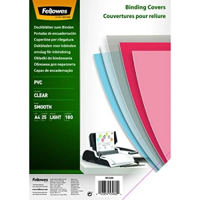 Image of Fellowes A4 Binding Covers, PVC 180 Micron, Clear, Pack of 25, 5380001